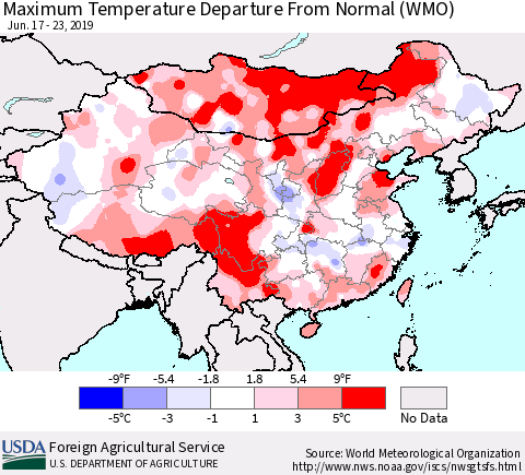 China, Mongolia and Taiwan Mean Maximum Temperature Departure from Normal (WMO) Thematic Map For 6/17/2019 - 6/23/2019