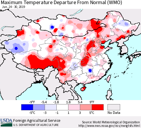 China and Taiwan Maximum Temperature Departure From Normal (WMO) Thematic Map For 6/24/2019 - 6/30/2019