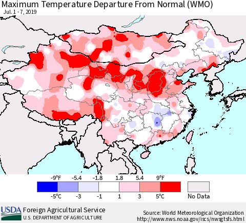 China and Taiwan Maximum Temperature Departure From Normal (WMO) Thematic Map For 7/1/2019 - 7/7/2019