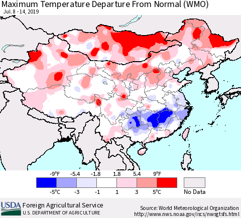 China, Mongolia and Taiwan Mean Maximum Temperature Departure from Normal (WMO) Thematic Map For 7/8/2019 - 7/14/2019