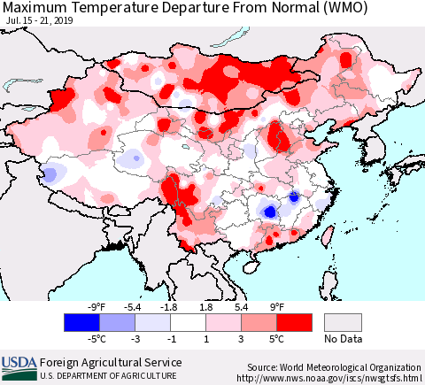 China, Mongolia and Taiwan Mean Maximum Temperature Departure from Normal (WMO) Thematic Map For 7/15/2019 - 7/21/2019