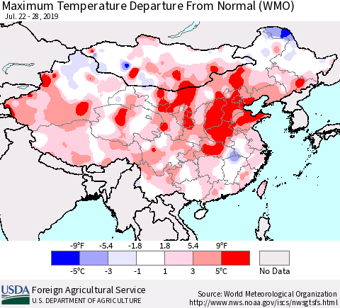China, Mongolia and Taiwan Mean Maximum Temperature Departure from Normal (WMO) Thematic Map For 7/22/2019 - 7/28/2019