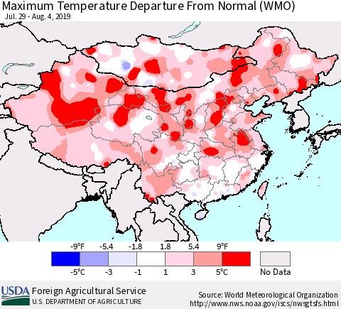 China, Mongolia and Taiwan Mean Maximum Temperature Departure from Normal (WMO) Thematic Map For 7/29/2019 - 8/4/2019