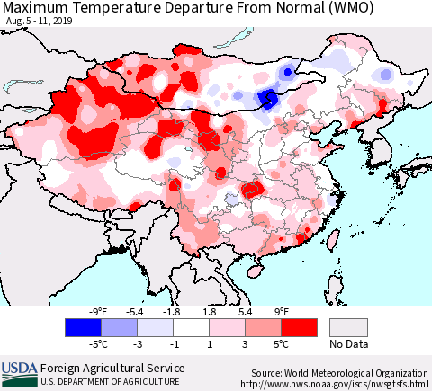 China and Taiwan Maximum Temperature Departure From Normal (WMO) Thematic Map For 8/5/2019 - 8/11/2019