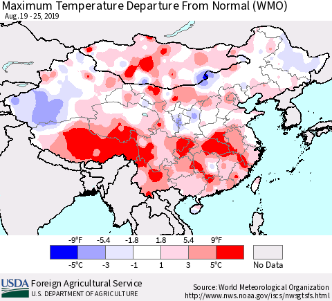 China, Mongolia and Taiwan Mean Maximum Temperature Departure from Normal (WMO) Thematic Map For 8/19/2019 - 8/25/2019