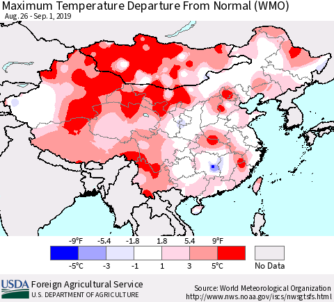 China and Taiwan Maximum Temperature Departure From Normal (WMO) Thematic Map For 8/26/2019 - 9/1/2019