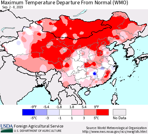 China and Taiwan Maximum Temperature Departure From Normal (WMO) Thematic Map For 9/2/2019 - 9/8/2019
