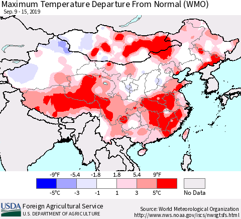 China and Taiwan Maximum Temperature Departure From Normal (WMO) Thematic Map For 9/9/2019 - 9/15/2019
