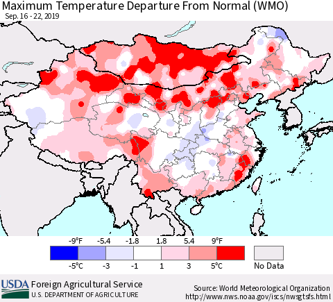 China, Mongolia and Taiwan Mean Maximum Temperature Departure from Normal (WMO) Thematic Map For 9/16/2019 - 9/22/2019
