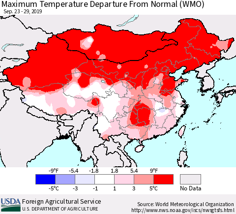China and Taiwan Maximum Temperature Departure From Normal (WMO) Thematic Map For 9/23/2019 - 9/29/2019