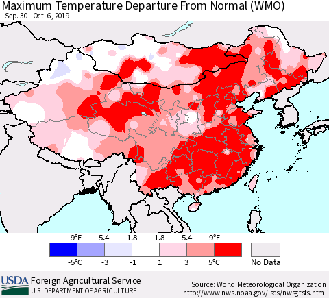 China and Taiwan Maximum Temperature Departure From Normal (WMO) Thematic Map For 9/30/2019 - 10/6/2019