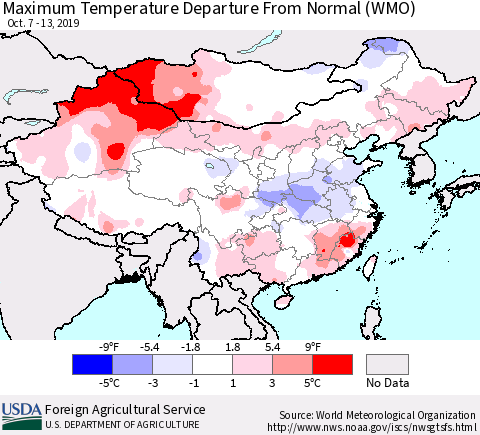 China, Mongolia and Taiwan Mean Maximum Temperature Departure from Normal (WMO) Thematic Map For 10/7/2019 - 10/13/2019