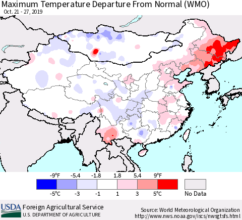 China and Taiwan Maximum Temperature Departure From Normal (WMO) Thematic Map For 10/21/2019 - 10/27/2019