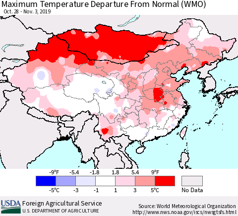 China and Taiwan Maximum Temperature Departure From Normal (WMO) Thematic Map For 10/28/2019 - 11/3/2019