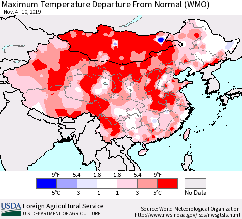 China, Mongolia and Taiwan Mean Maximum Temperature Departure from Normal (WMO) Thematic Map For 11/4/2019 - 11/10/2019