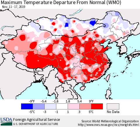 China, Mongolia and Taiwan Mean Maximum Temperature Departure from Normal (WMO) Thematic Map For 11/11/2019 - 11/17/2019