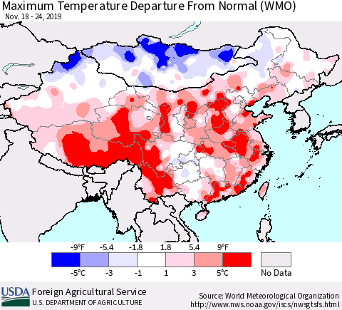 China, Mongolia and Taiwan Mean Maximum Temperature Departure from Normal (WMO) Thematic Map For 11/18/2019 - 11/24/2019