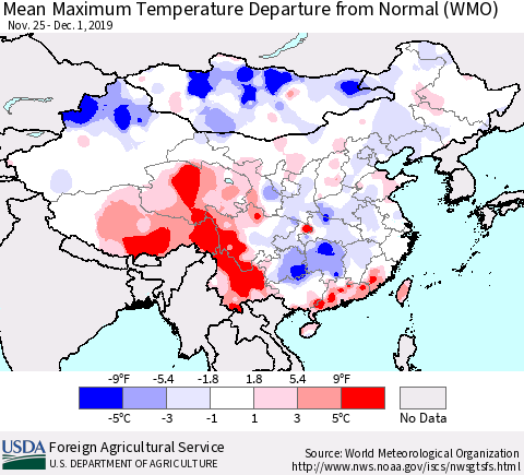 China, Mongolia and Taiwan Mean Maximum Temperature Departure from Normal (WMO) Thematic Map For 11/25/2019 - 12/1/2019