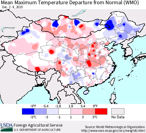 China, Mongolia and Taiwan Mean Maximum Temperature Departure from Normal (WMO) Thematic Map For 12/2/2019 - 12/8/2019