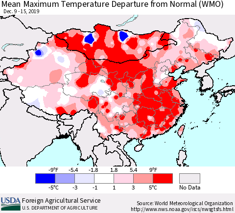 China, Mongolia and Taiwan Mean Maximum Temperature Departure from Normal (WMO) Thematic Map For 12/9/2019 - 12/15/2019