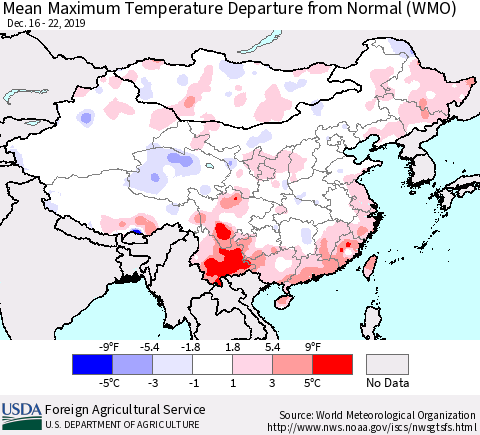 China, Mongolia and Taiwan Mean Maximum Temperature Departure from Normal (WMO) Thematic Map For 12/16/2019 - 12/22/2019