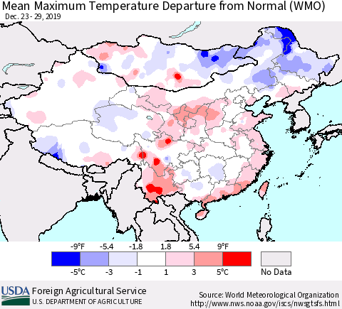 China, Mongolia and Taiwan Mean Maximum Temperature Departure from Normal (WMO) Thematic Map For 12/23/2019 - 12/29/2019