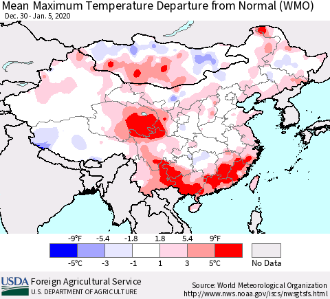 China, Mongolia and Taiwan Mean Maximum Temperature Departure from Normal (WMO) Thematic Map For 12/30/2019 - 1/5/2020