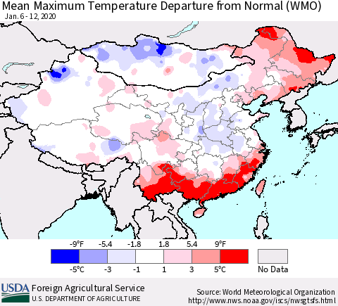 China, Mongolia and Taiwan Mean Maximum Temperature Departure from Normal (WMO) Thematic Map For 1/6/2020 - 1/12/2020
