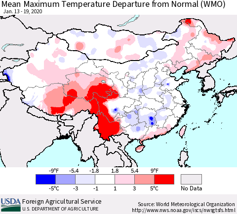 China, Mongolia and Taiwan Mean Maximum Temperature Departure from Normal (WMO) Thematic Map For 1/13/2020 - 1/19/2020