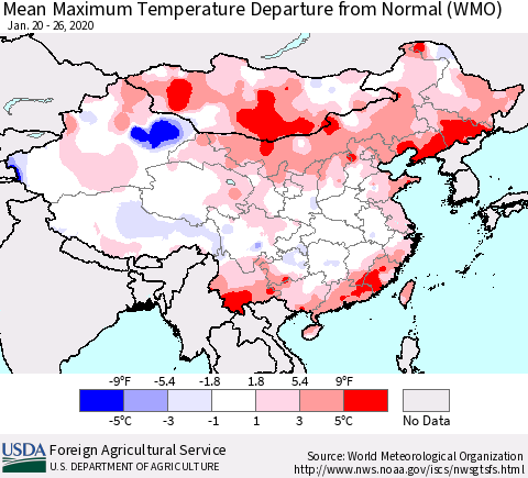 China, Mongolia and Taiwan Mean Maximum Temperature Departure from Normal (WMO) Thematic Map For 1/20/2020 - 1/26/2020