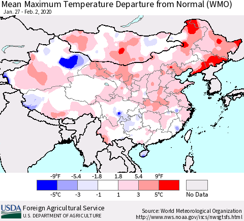 China, Mongolia and Taiwan Mean Maximum Temperature Departure from Normal (WMO) Thematic Map For 1/27/2020 - 2/2/2020