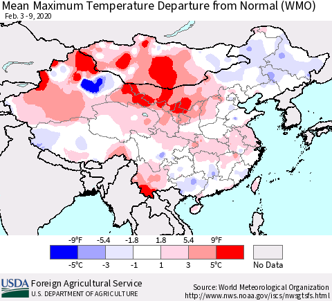 China, Mongolia and Taiwan Mean Maximum Temperature Departure from Normal (WMO) Thematic Map For 2/3/2020 - 2/9/2020