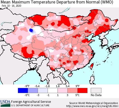 China, Mongolia and Taiwan Mean Maximum Temperature Departure from Normal (WMO) Thematic Map For 2/10/2020 - 2/16/2020