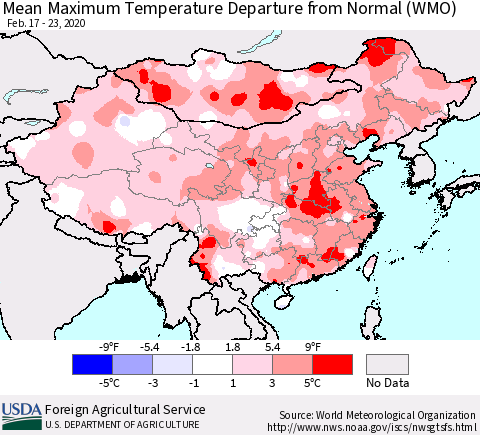 China, Mongolia and Taiwan Mean Maximum Temperature Departure from Normal (WMO) Thematic Map For 2/17/2020 - 2/23/2020