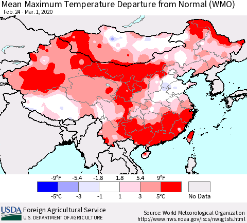 China, Mongolia and Taiwan Mean Maximum Temperature Departure from Normal (WMO) Thematic Map For 2/24/2020 - 3/1/2020