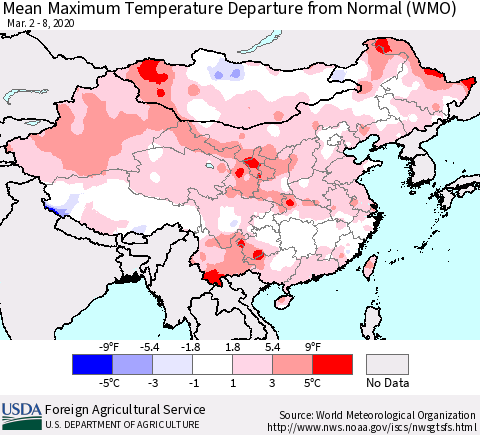 China, Mongolia and Taiwan Mean Maximum Temperature Departure from Normal (WMO) Thematic Map For 3/2/2020 - 3/8/2020