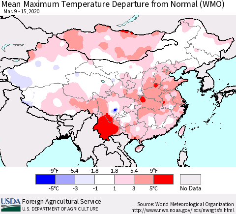 China, Mongolia and Taiwan Mean Maximum Temperature Departure from Normal (WMO) Thematic Map For 3/9/2020 - 3/15/2020
