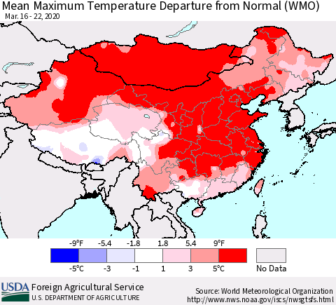 China, Mongolia and Taiwan Mean Maximum Temperature Departure from Normal (WMO) Thematic Map For 3/16/2020 - 3/22/2020