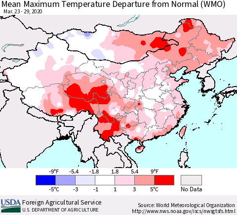 China, Mongolia and Taiwan Mean Maximum Temperature Departure from Normal (WMO) Thematic Map For 3/23/2020 - 3/29/2020