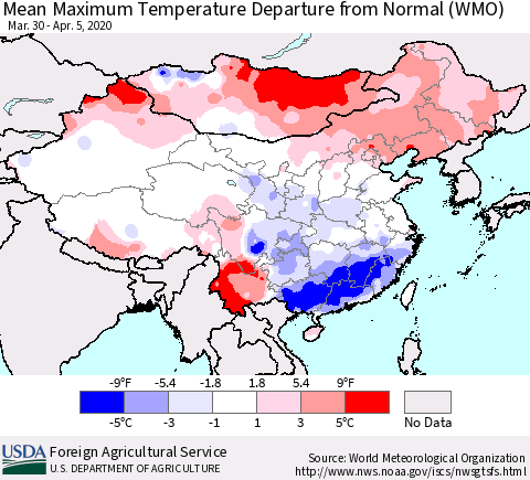China, Mongolia and Taiwan Mean Maximum Temperature Departure from Normal (WMO) Thematic Map For 3/30/2020 - 4/5/2020