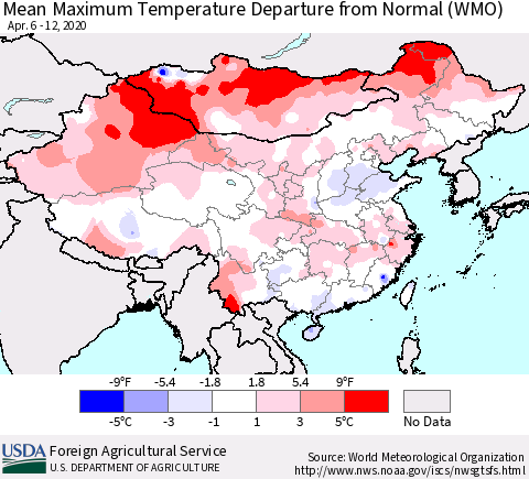 China, Mongolia and Taiwan Mean Maximum Temperature Departure from Normal (WMO) Thematic Map For 4/6/2020 - 4/12/2020
