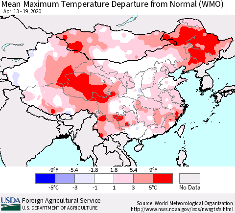 China, Mongolia and Taiwan Mean Maximum Temperature Departure from Normal (WMO) Thematic Map For 4/13/2020 - 4/19/2020