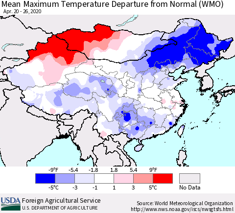 China, Mongolia and Taiwan Mean Maximum Temperature Departure from Normal (WMO) Thematic Map For 4/20/2020 - 4/26/2020