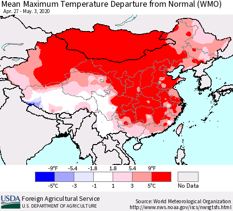China, Mongolia and Taiwan Mean Maximum Temperature Departure from Normal (WMO) Thematic Map For 4/27/2020 - 5/3/2020