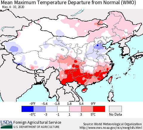 China, Mongolia and Taiwan Mean Maximum Temperature Departure from Normal (WMO) Thematic Map For 5/4/2020 - 5/10/2020