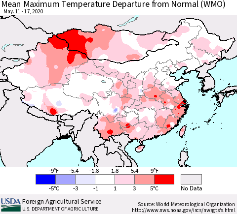 China, Mongolia and Taiwan Mean Maximum Temperature Departure from Normal (WMO) Thematic Map For 5/11/2020 - 5/17/2020