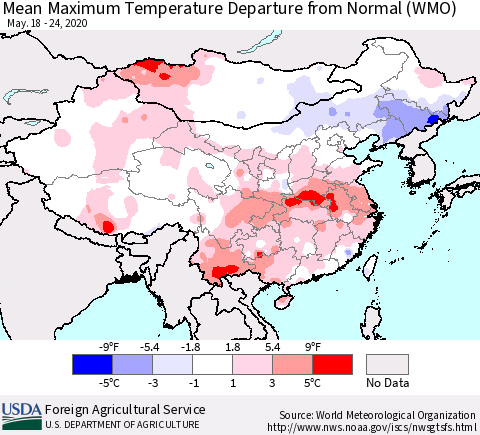 China, Mongolia and Taiwan Mean Maximum Temperature Departure from Normal (WMO) Thematic Map For 5/18/2020 - 5/24/2020