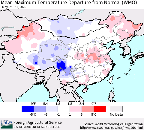China, Mongolia and Taiwan Mean Maximum Temperature Departure from Normal (WMO) Thematic Map For 5/25/2020 - 5/31/2020
