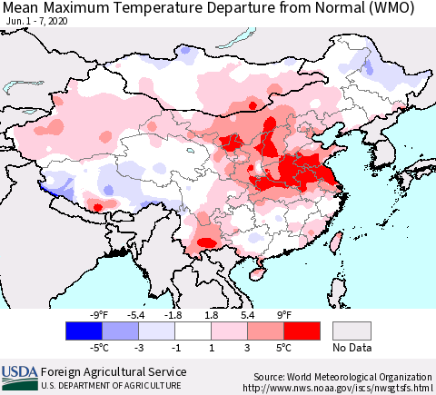 China, Mongolia and Taiwan Mean Maximum Temperature Departure from Normal (WMO) Thematic Map For 6/1/2020 - 6/7/2020