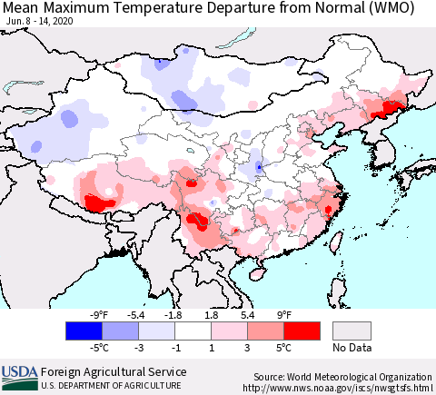 China, Mongolia and Taiwan Mean Maximum Temperature Departure from Normal (WMO) Thematic Map For 6/8/2020 - 6/14/2020